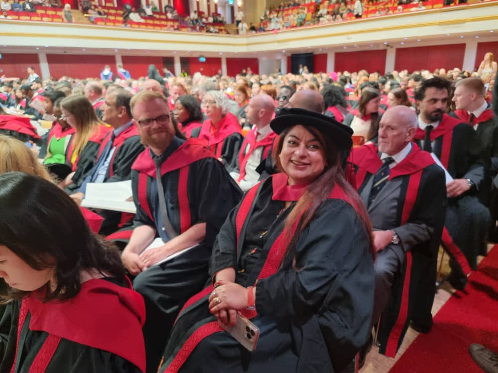 ShamaJunejo's tweet photo. Today, surrounded by my loving husband and three proud children, I officially graduated with my PhD in Military Ethics. 
I thank to my all supervisors, faculty members, student union, disability support, my doctors, and everyone participated in the unique research which is now available to read online. 
As a cancer survivor & fighting it all along the years, this journey of heart, perseverance, and countless struggle makes this moment even more profound. 
Feeling immensely proud and blessed. 

A dream fulfilled, a new chapter begins for Dr. Shama Junejo 

#LeicesterGrad 🎓
@uniofleicester @LeicesterUnion @HyPIRUoL @danjohnsonhymns @royalmarsdenNHS @macmillancancer