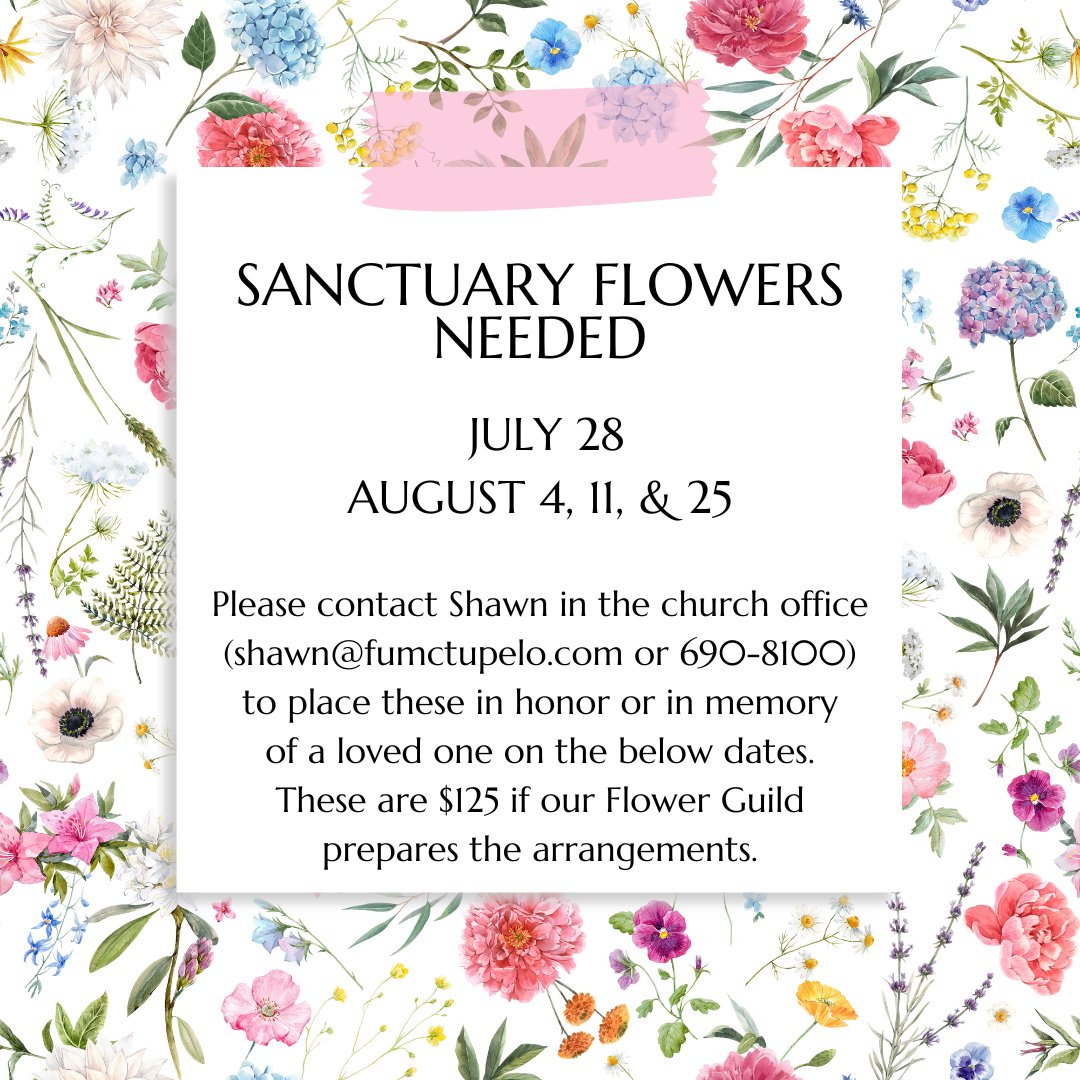fumctupelo's tweet photo. Sanctuary Flowers are needed for worship on July 28 and August 4,11, &amp; 25. Please contact Shawn (shawn@fumctupelo.com or 690-8100) to place these in honor or in memory
of a loved one on the below dates.
These are $125 if our Flower Guild prepares the arrangements. https://t.co/6z9Kh2ECmi