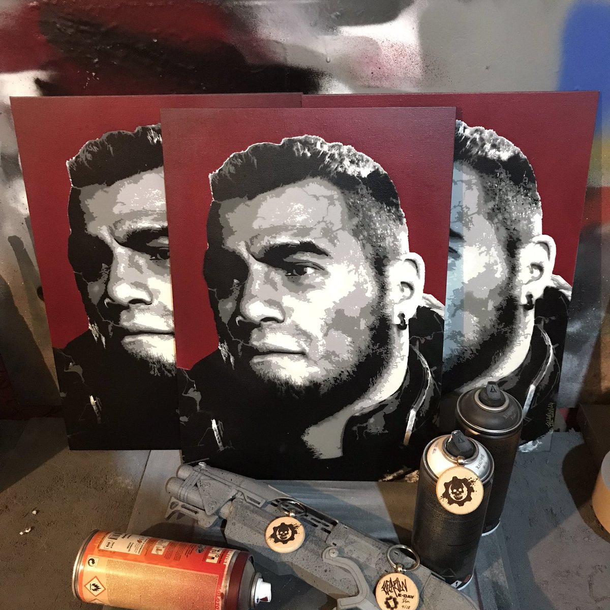 Bfl_Abdn's tweet photo. I have 4 (possibly 5) of my E-Day Dom paintings left. Then we move on to the next one. Already destroyed the stencils, so once these are gone, that’s it. DM if interested, worldwide shipping available. Share, retweet, tag, please. @CoalitionGears #gearsofwar #goweday https://t.co/6F8BBZvrII