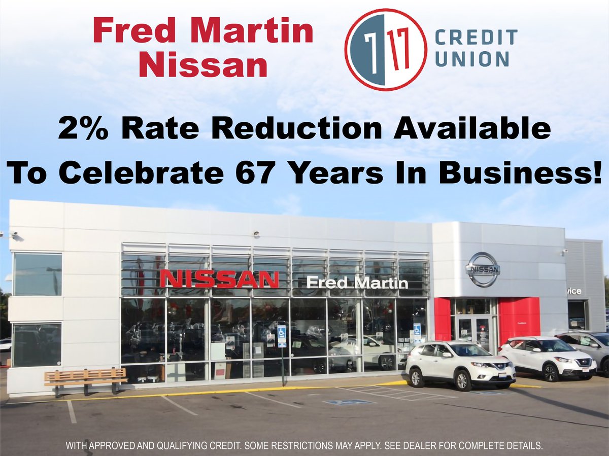 FM_Nissan's tweet image. To celebrate 67 years in business, 7 17 Credit Union is offering a 2% Rate Reduction for well-qualified borrowers! 
Call 330-644-8888 today!
fredmartinnissan.com/2-rate-reducti…
#LowApr #APRReduction #Credit #Approval #Car #CarDealer #Akron #Nissan #WeKnowCars