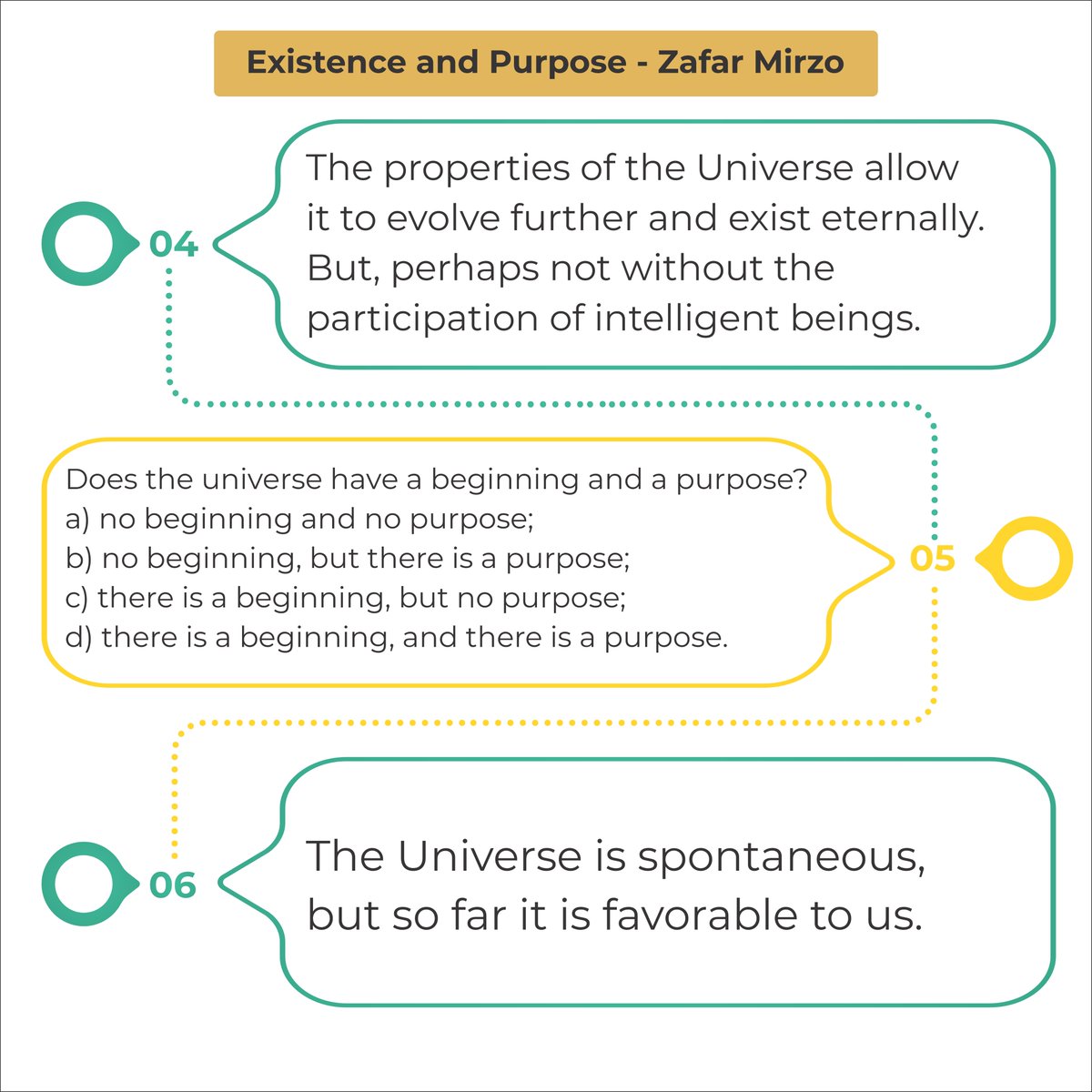 ZafarMirzoQuote's tweet photo. Delve into these intriguing quotes on the nature of the universe and the emergence of intelligence. Explore profound questions about the universe's beginning and purpose.

Existence and Purpose - Zafar Mirzo @zafarmirzo 

Quote 1
The universe exists just so, by itself. Its inherent self-organizing property, capable of forming organisms and intellect, does not mean that it has a predetermined purpose. This causeless and purposeless property and without it, intelligent beings would not have emerged, asking questions. https://t.co/w4OTr1V9eU

Quote 2
The existence of a Multiverse is perhaps real, for a whimsical chain of favorable circumstances leading to the emergence of intellect on Earth can only be explained in such a way. https://t.co/hfUk2MkOD5

Quote 3
The origin of intelligence, is it a mandatory and 'inevitable' property of reality? No, it's causeless and spontaneous. Reality could have existed in a primitive form without the self-organizing property. So why does the Universe possess this property, thanks to which intelligence arose in the process of evolution? Just, without a cause. Without this property, no questioning being would have emerged. https://t.co/3EhLPYyWRU

Quote 4
The properties of the Universe allow it to evolve further and exist eternally. But, perhaps not without the participation of intelligent beings. https://t.co/a8nKG4HjEO

Quote 5
Does the universe have a beginning and a purpose? - a) no beginning and no purpose; 
b) no beginning, but there is a purpose; 
c) there is a beginning, but no purpose; 
d) there is a beginning, and there is a purpose. https://t.co/TthkTFDcN2

Quote 6
The Universe is spontaneous, but so far it is favorable to us. https://t.co/bQBzJLUWM3