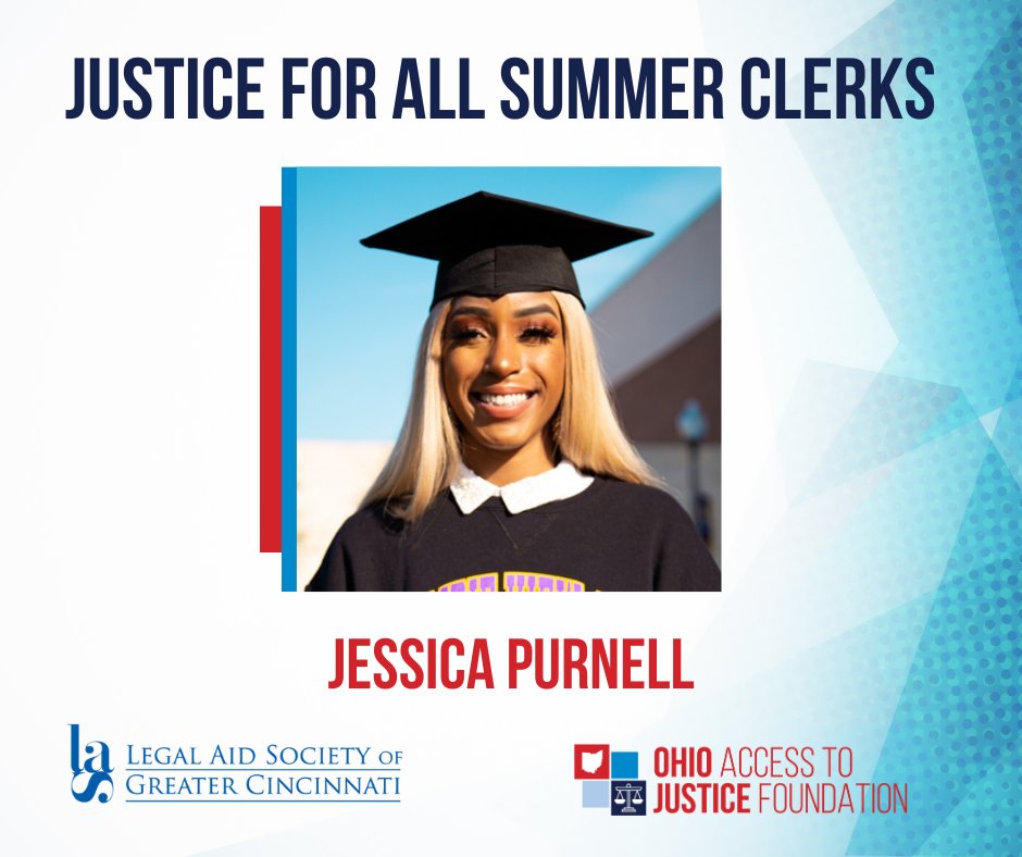 Ohio Access to Justice Foundation (@ohiojusticefdtn) on Twitter photo Our last Justice for All Summer Clerk is Jessica Purnell! This summer, Jessica is a clerk at Legal Aid Society of Greater Cincinnati. Jessica's law school is
<a href="/NKUChaseLaw/">Chase College of Law</a>
View all of our 2024 clerks here bit.ly/3rlTndR
#JusticeforAll #summerclerks Our last Justice for All Summer Clerk is Jessica Purnell! This summer, Jessica is a clerk at Legal Aid Society of Greater Cincinnati. Jessica's law school is
<a href="/NKUChaseLaw/">Chase College of Law</a>
View all of our 2024 clerks here bit.ly/3rlTndR
#JusticeforAll #summerclerks