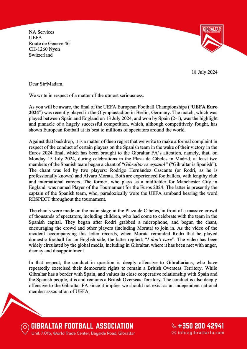 GBCNewsroom's tweet image. BREAKING NEWS - @GibraltarFA submits formal complaint to @UEFA regarding “Gibraltar es Español” chants, claiming breaches of UEFA Disciplinary Regulations

Spanish players’ conduct deemed “offensive" &amp;amp; "highly inflammatory”, bringing "football into disrepute”

Letter in full: