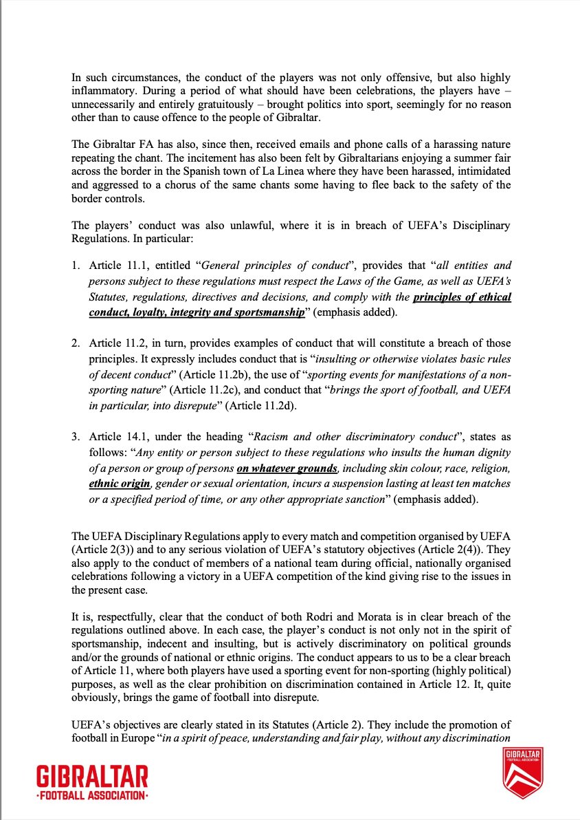 GBCNewsroom's tweet image. BREAKING NEWS - @GibraltarFA submits formal complaint to @UEFA regarding “Gibraltar es Español” chants, claiming breaches of UEFA Disciplinary Regulations

Spanish players’ conduct deemed “offensive" &amp;amp; "highly inflammatory”, bringing "football into disrepute”

Letter in full:
