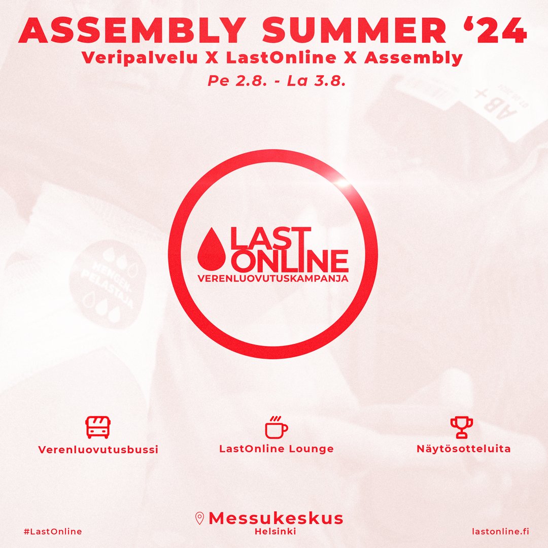 LastOnline (@lastonlinefi) on Twitter photo Assembly Summer lÀhestyy, ja olemme mukana yhteistyössÀ <a href="/Veripalvelu/">Veripalvelu</a> ja @Assemblyparty kanssa!
Tapahtumaan saapuu myös verenluovutusbussi, joten myös sinulla on mahdollisuus liittyÀ arvokkaimpien pelaajien joukkoon tapahtuman yhteydessÀ!
Luovuttajat pÀÀsevÀt nauttimaan Assembly Summer lÀhestyy, ja olemme mukana yhteistyössÀ <a href="/Veripalvelu/">Veripalvelu</a> ja @Assemblyparty kanssa!
Tapahtumaan saapuu myös verenluovutusbussi, joten myös sinulla on mahdollisuus liittyÀ arvokkaimpien pelaajien joukkoon tapahtuman yhteydessÀ!
Luovuttajat pÀÀsevÀt nauttimaan