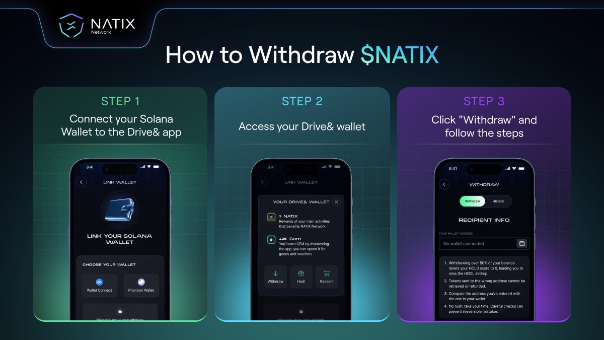 NATIXNetwork's tweet photo. Note that you can withdraw in-app NATIX to your Solana Wallet linked to the Drive&amp; app 👛

Withdrawal requests have a 30-day cooldown period, and instant withdrawal requests have a 30% instant withdrawal fee.

Withdrawing affects your HODL Score, so withdraw at your own risk 😉 https://t.co/3wSwGer60y