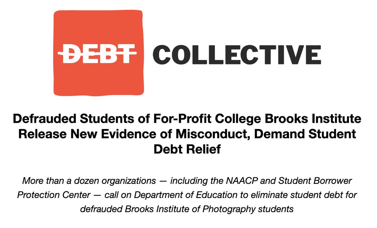 Today: We are calling on the Biden admin to cancel all student debt for students who went to Brooks Institute of Photography—a predatory for-profit school.

We have nearly 5,000 pages of evidence of misconduct and misleading.

Full Investigation Report: drive.google.com/file/d/1jN16nV…