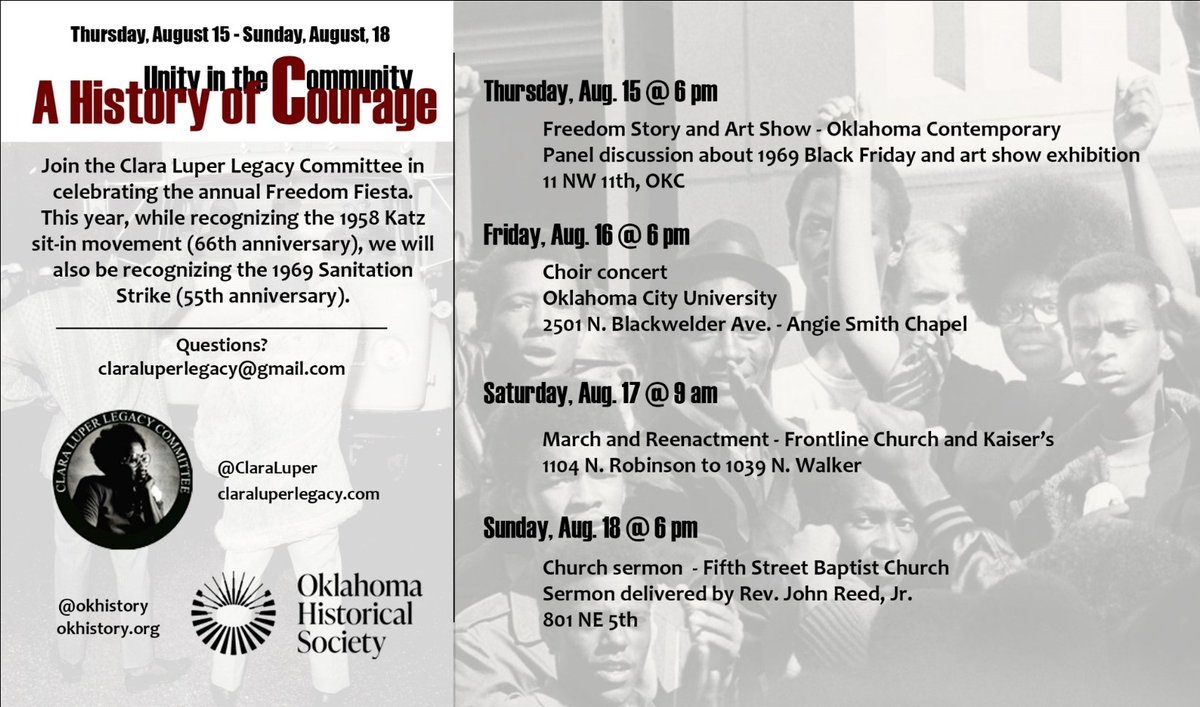 It's that time of year again! Commemorate with the Clara Luper Legacy Committee for the Freedom Fiesta! This year, we will be focusing on the 1958 sit-in and the 1969 Black Friday Sanitation Strike. 
<a href="/okhistory/">Oklahoma Historical Society</a> <a href="/cityofokc/">City of OKC</a> <a href="/OKContemporary/">Oklahoma Contemporary</a> <a href="/kfor/">KFOR</a> <a href="/koconews/">koconews</a> #History #okc #sitin