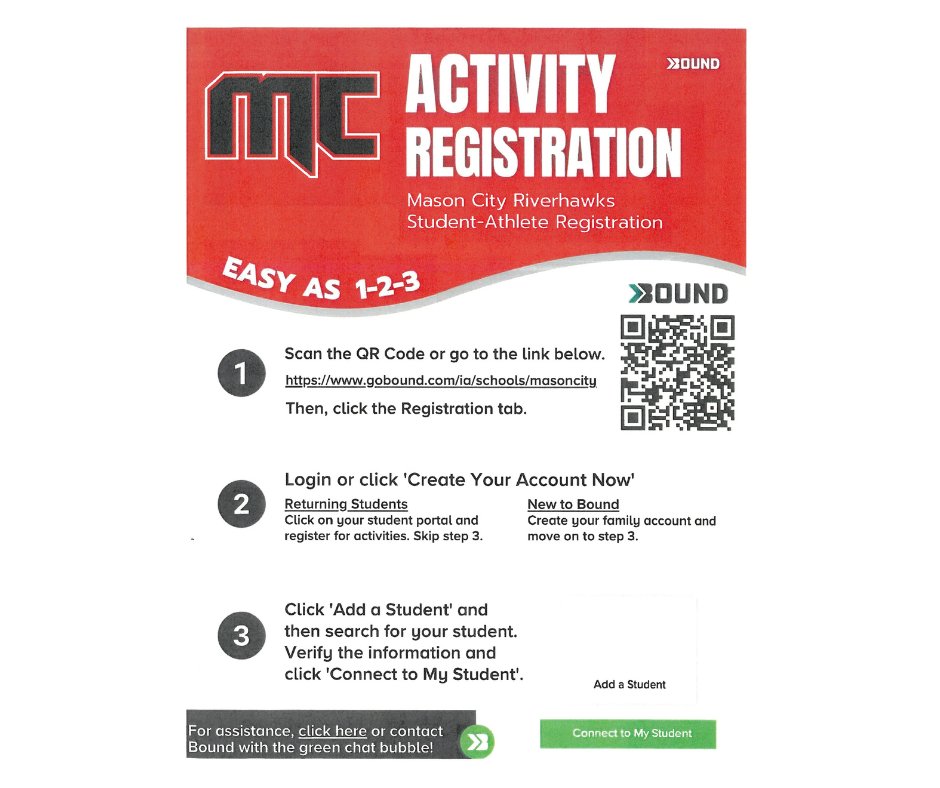MasonCityAD's tweet photo. Activity Registration will open on July 22 for the upcoming 2024-2025 school year.  We will be registering on the Bound System again this school year. Register for all the sports you anticipate to participate in during the school year. https://t.co/4x2v55jDOI