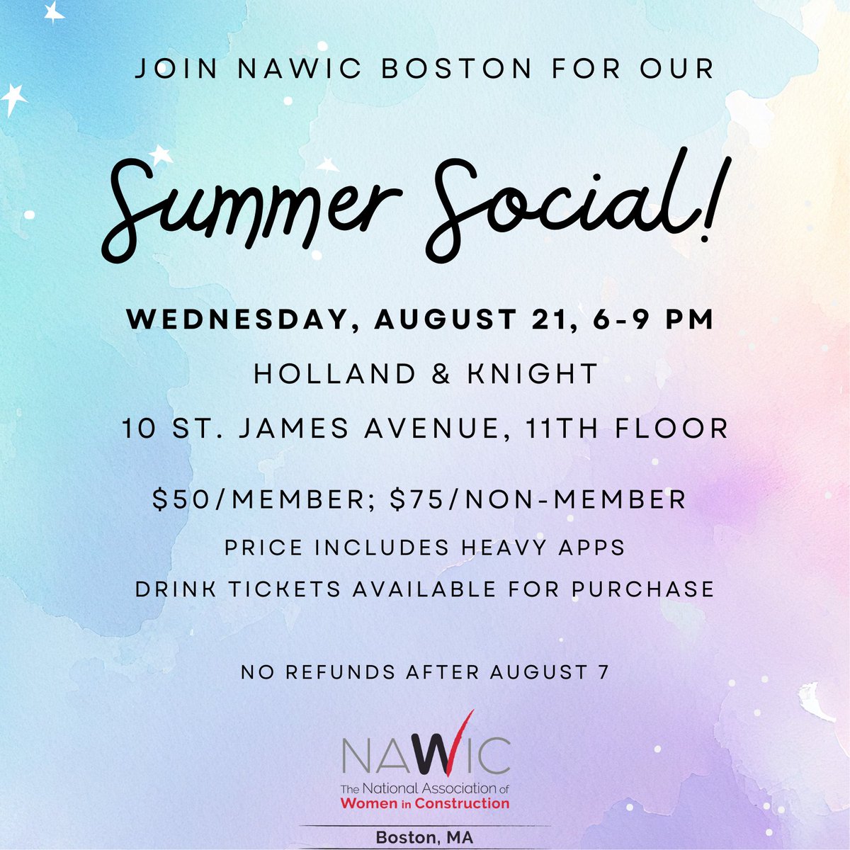 Come join us for our 2024 #Summer #Social! Let's catch up with some #networking on a #roofdeck with good #food, #drinks and #friends! Register on our website at nawicboston.org/events - hope to see you there! 🥂🌇  #Boston #construction #architecture #engineering #design