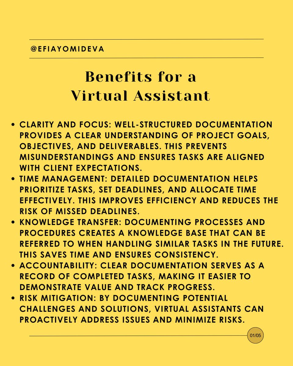 efiayomideVA's tweet image. As a VA you ensure project success through thorough documentation. #ProjectDocumentation #ProjectSuccess #ExecutiveAssistant #ProjectManagement #Documentation