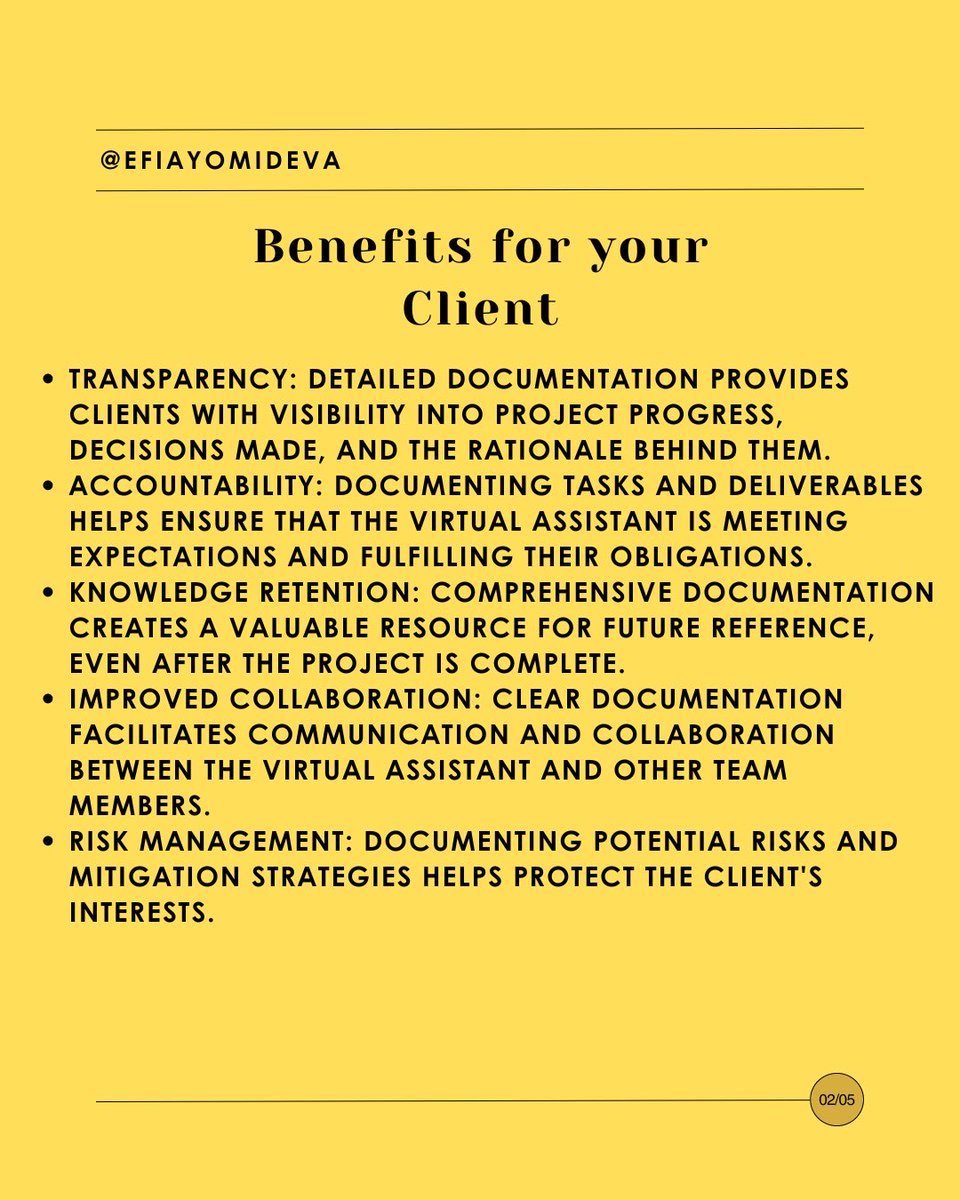 efiayomideVA's tweet image. As a VA you ensure project success through thorough documentation. #ProjectDocumentation #ProjectSuccess #ExecutiveAssistant #ProjectManagement #Documentation