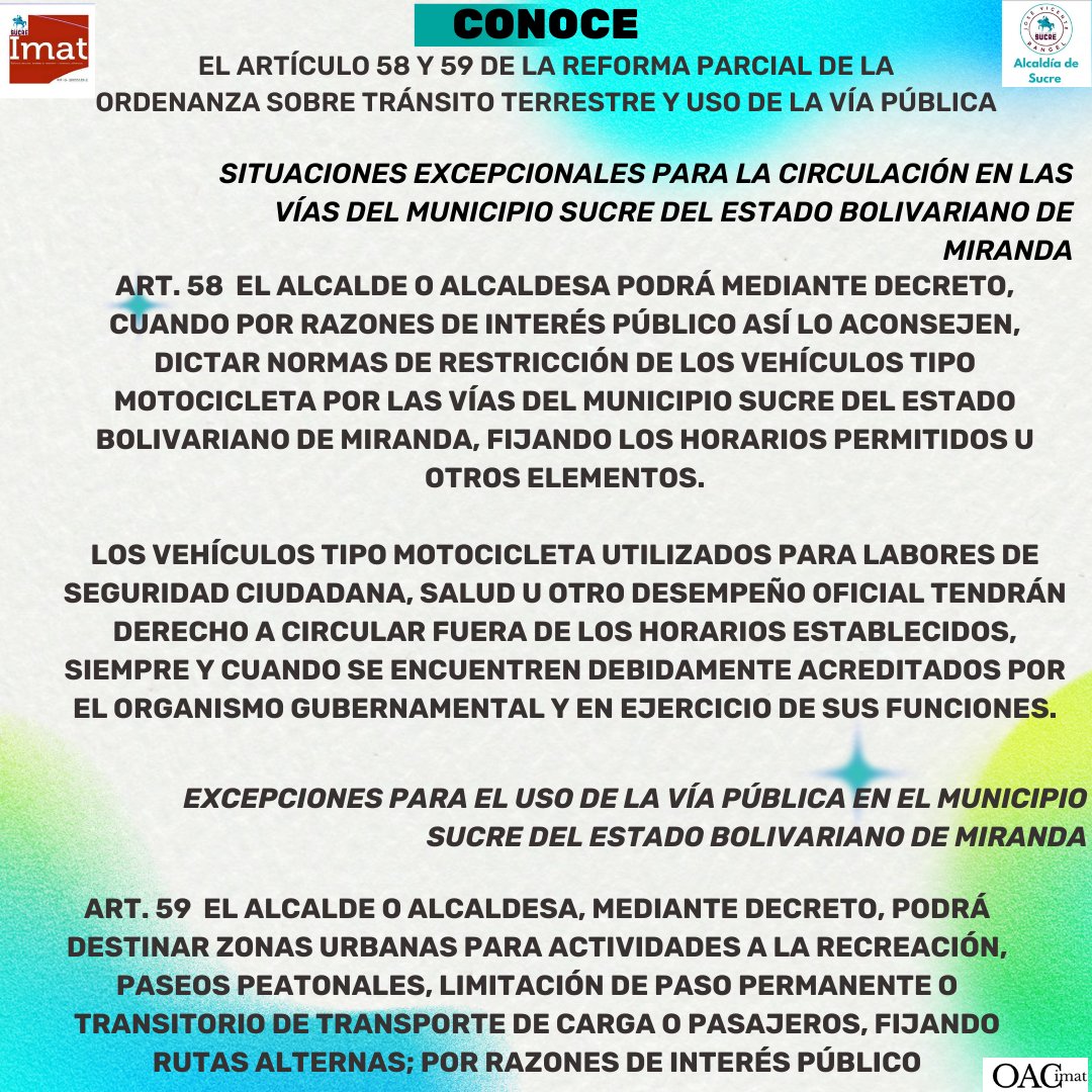Continuamos con la difusión de la Reforma Parcial de la Ordenanza sobre Tránsito Terrestres y uso de la vía pública del Municipio Sucre del Estado Bolivariano de Miranda
<a href="/lAlcaldiasucre/">AlcaldíaSucre</a>
#ImatSucreTrabajandoPorSuMunicipio