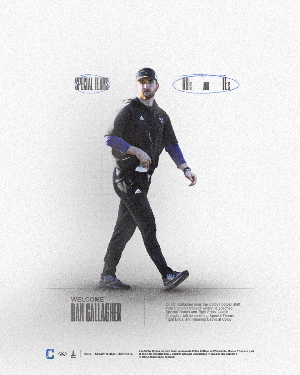 Colby Football (@colby_football) on Twitter photo Welcome Dan Gallagher!
Coach Gallagher joins the Colby Football staff from Stonehill College in 2023. 
Gallagher will coach Special Teams, Running Backs, and Tight Ends at Colby.
#BUILDTHEHILL #MULEMADE Welcome Dan Gallagher!
Coach Gallagher joins the Colby Football staff from Stonehill College in 2023. 
Gallagher will coach Special Teams, Running Backs, and Tight Ends at Colby.
#BUILDTHEHILL #MULEMADE