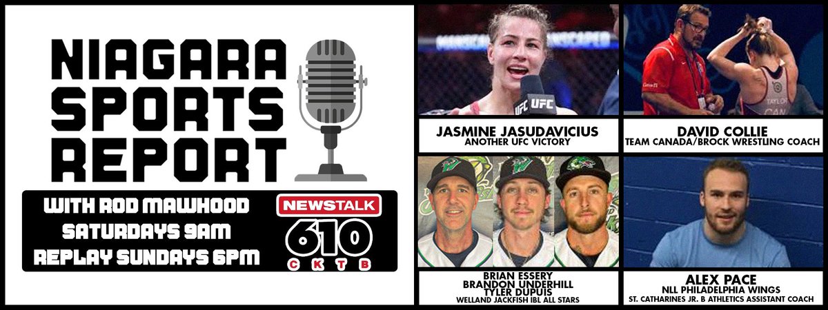 On the mat <a href="/WrestlingCanada/">Wrestling Canada Lutte</a>
In the octagon <a href="/ufc/">UFC</a>
On the diamond <a href="/wellandjackfish/">Welland Jackfish</a>
&amp; on the floor <a href="/stkittsjrlax/">St. Catharines Jr. Athletics</a> 
We'll hit'em all Saturday on the #NiagaraSportsReport as Dave Collie, Jasmine Jasudavicius,
Brian Essery, Tyler Dupuis, Brandon Underhill &amp; Alex Pace will be here!