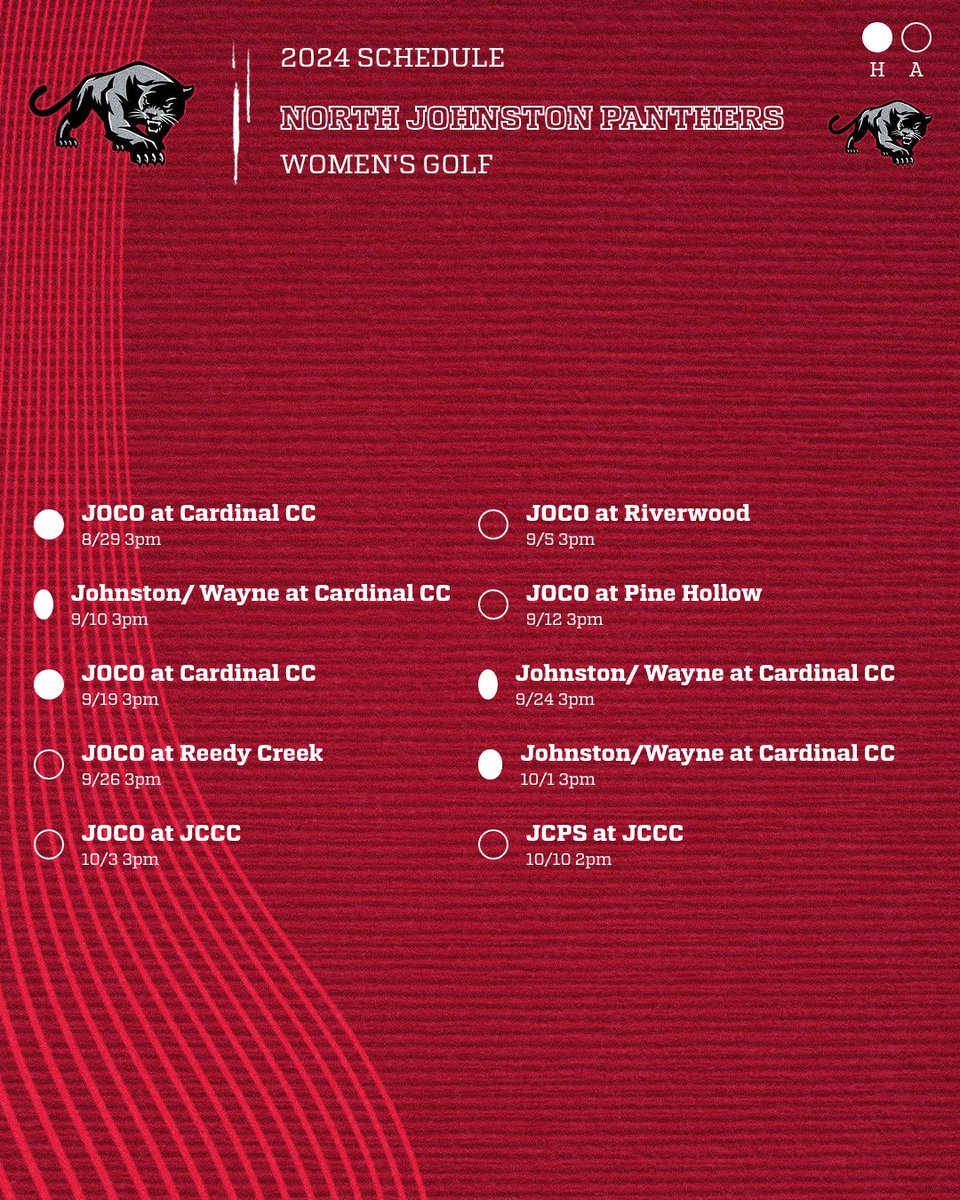 North Johnston Schedule release Day 4!  Today we feature our Women's Golf schedule! The Lady Panthers golf team is coached by Garrett Mitchell. Most matches tee off at 3pm.  #NojoFamily