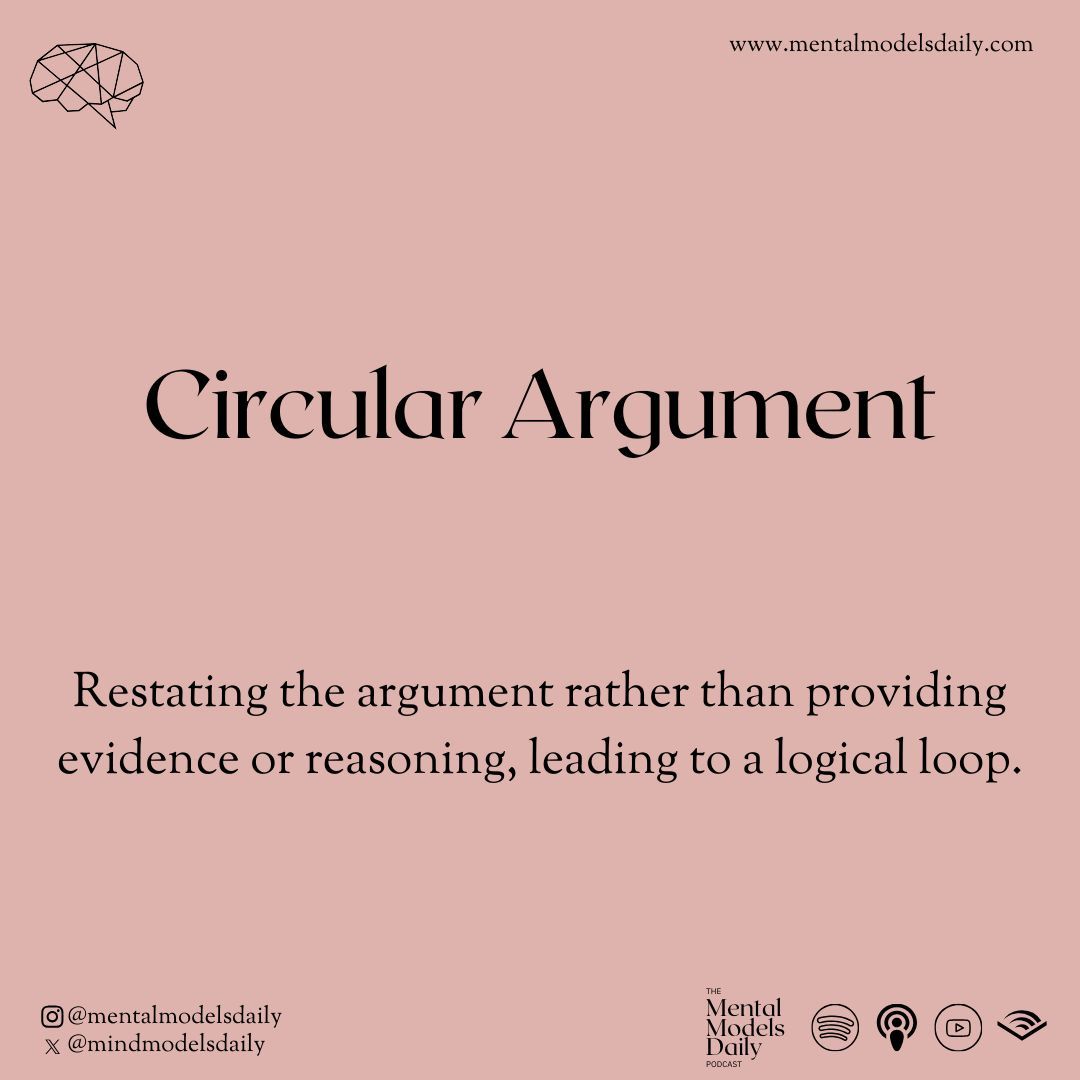 mindmodelsdaily's tweet image. Break the loop of a 'Circular Argument'—ensure your conclusions are supported by independent premises. 🧠🔄 #CircularArgument #MentalModels #CriticalThinking #Logic #DebateSkills #Fallacies