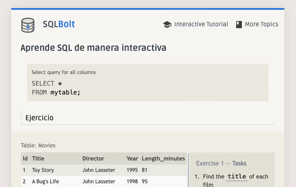 MoureDev's tweet image. Curso para aprender SQL y bases de datos desde cero y de manera práctica.

→ 20 lecciones con todos los fundamentos
→ Explicación teórica
→ Ejercicios interactivos desde la web

Y todo 100% gratis en sqlbolt․com