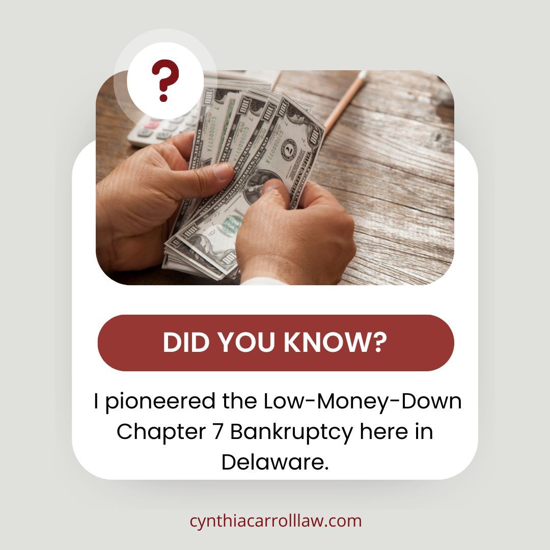 CynthiaLCarroll's tweet image. I am proud to have pioneered the Low-Money-Down Chapter 7 Bankruptcy in Delaware. This new approach makes it easier for individuals to access financial relief. #Chapter7Bankruptcy #Bankruptcy #Chapter7 #Delaware #CynthiaCarrollLaw
