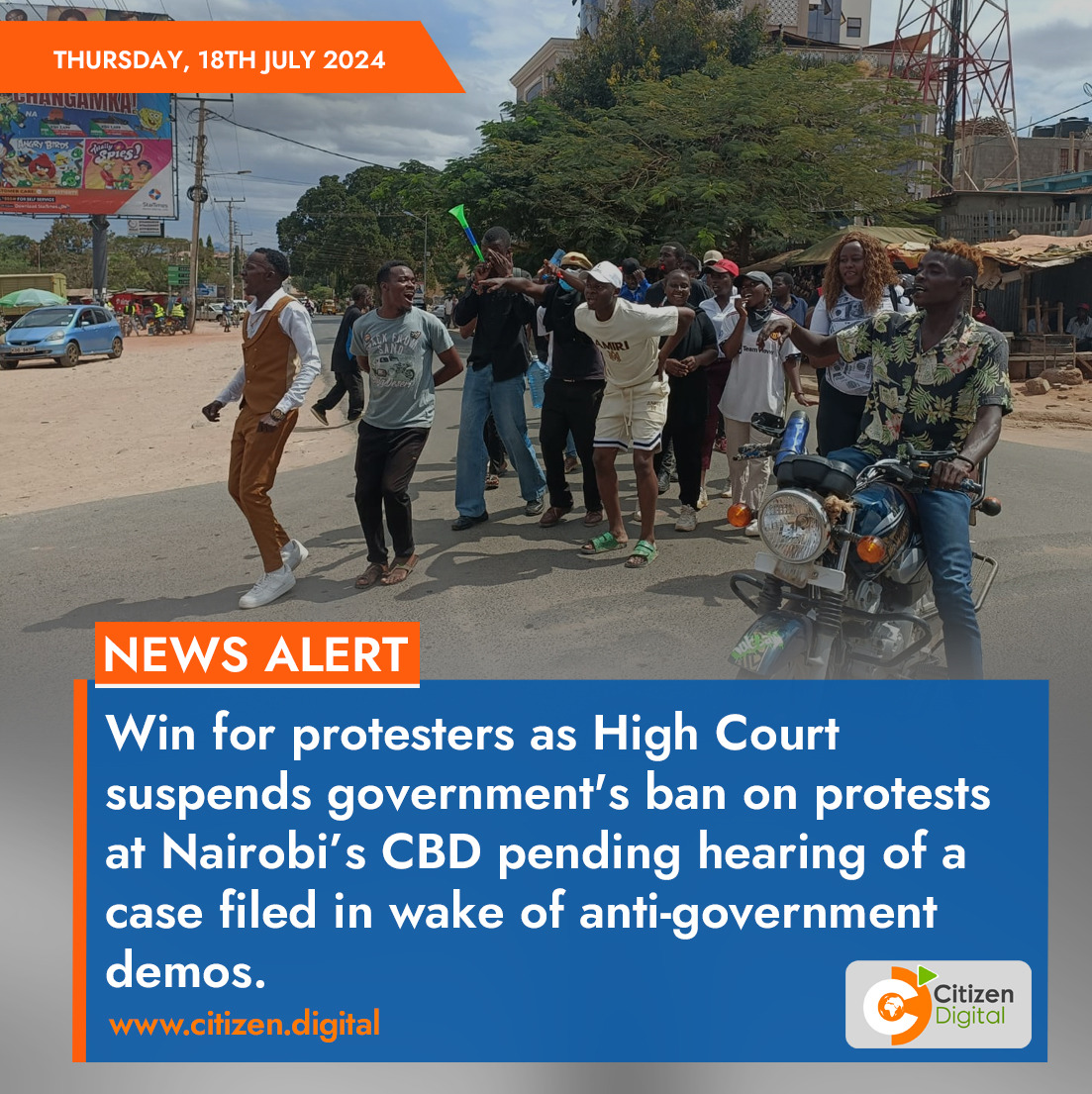 citizentvkenya's tweet photo. Win for protesters as High Court suspends government's ban on protests at Nairobi’s CBD pending hearing of a case filed in wake of anti-government demos https://t.co/IV5DKp9siF