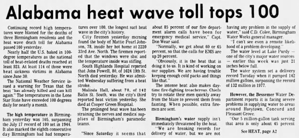 Bill Murray (WxH) (@wxhistorian) on Twitter photo OTD in 1980: The death toll from a 3.5-week heat wave in Alabama reached 117, eventually totaling 120. Birmingham Airport recorded a high of 99°F, breaking an 8-day streak of consecutive 100°F days, a record that stood until 2007. <a href="/spann/">James Spann</a> OTD in 1980: The death toll from a 3.5-week heat wave in Alabama reached 117, eventually totaling 120. Birmingham Airport recorded a high of 99°F, breaking an 8-day streak of consecutive 100°F days, a record that stood until 2007. <a href="/spann/">James Spann</a>