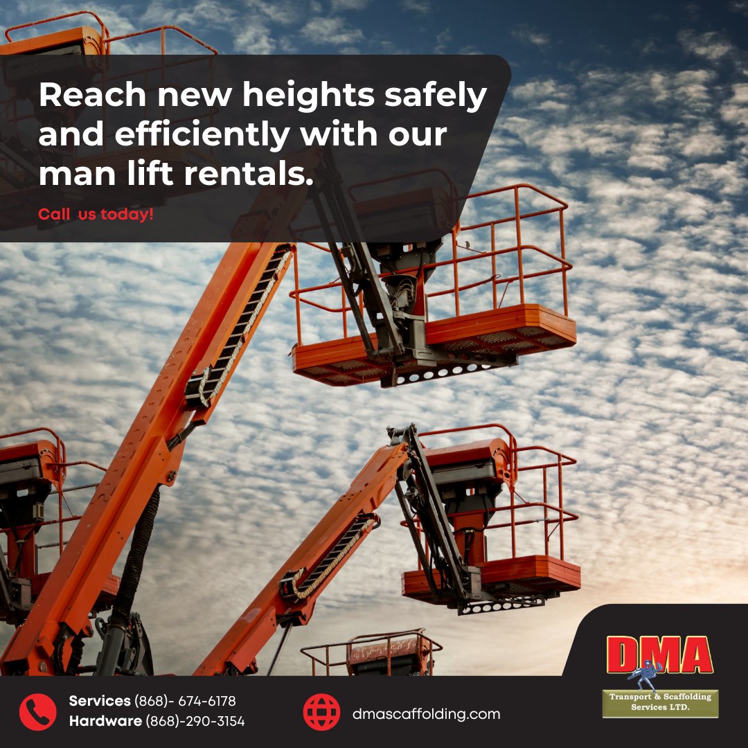 dmascaffolding's tweet image. Elevate your work with ease! 🛠️

Rent a man lift today and tackle those high-reaching tasks confidently 🚀🔩.

Make your projects simpler and safer.

Reach new heights! 📈

#ManLift #ProjectEfficiency #ToolRental
.
Call us today! 📞 (868)-674-6178
Visit - dmascaffolding.com