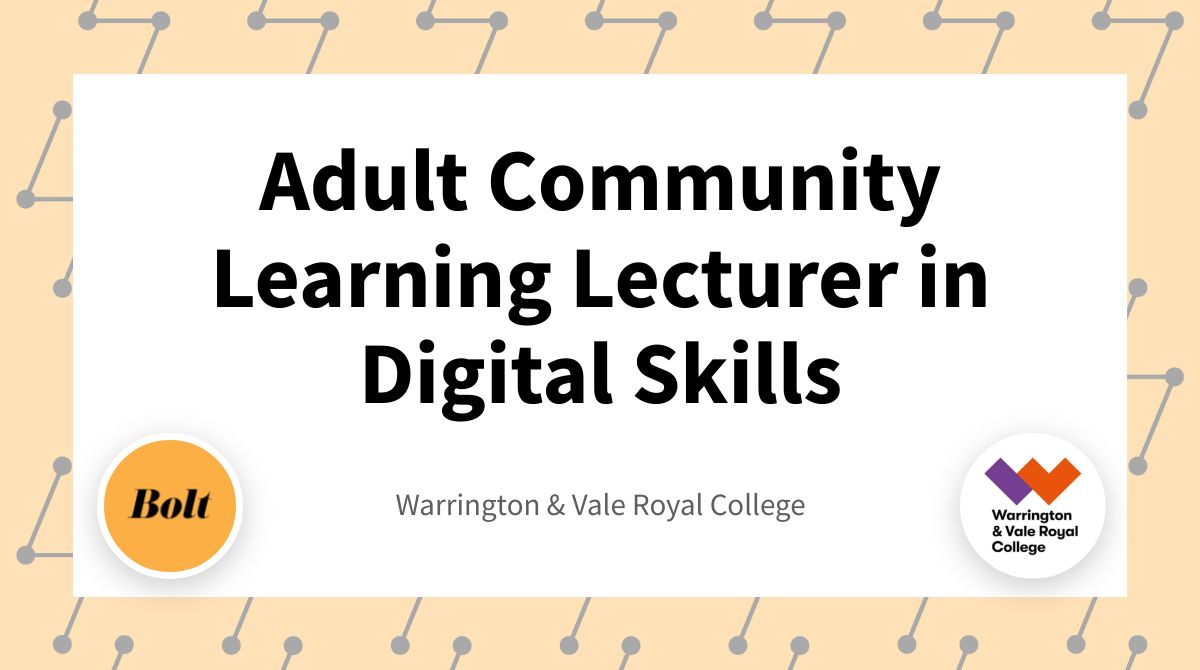 Now hiring! Adult Community Learning Lecturer in Digital Skills at Warrington &amp; Vale Royal College - 📍Cheshire  - Apply on our website or browse through 1,000s of FE, Skills &amp; Learning jobs hiring right now 🙌buff.ly/3LsIUrF