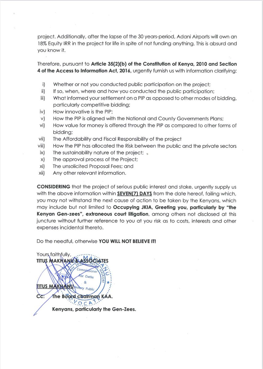 Following our SPACE last Sunday, we tasked Nelson and Advocate Makhanu to pursue legal action against politicians who are silently leasing our airports.

The airports have been served with this demand notice. 

Senator Onyonka of Kisii County has also written to the senate