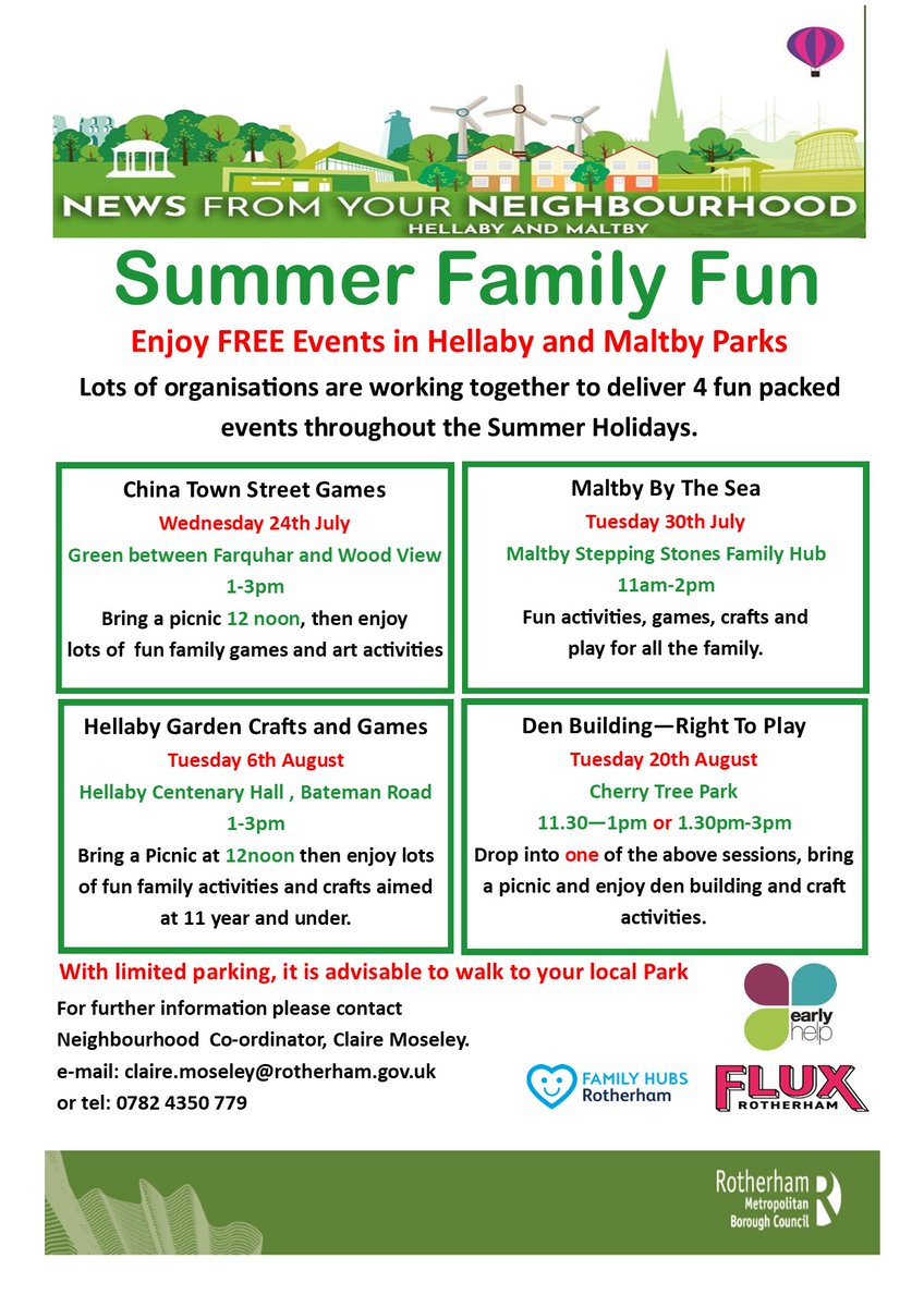 Please see the attached posters for free Family events this summer holiday in Maltby and Hellaby. Thank you.