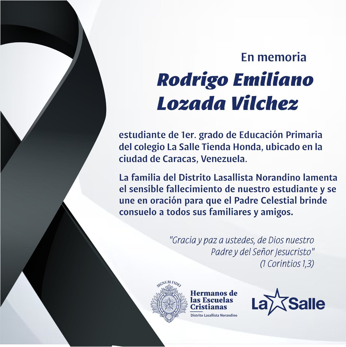 🙏Los Hermanos y Colaboradores del DLN, se solidarizan con todos los familiares y amigos de nuestro estudiante Rodrigo Emilio Lozada Vilchez, quien a través de su Pascua estamos seguros que gozará de la Plenitud Eterna al lado del Dios de la Vida.

#DistritoLasallistaNorandino
