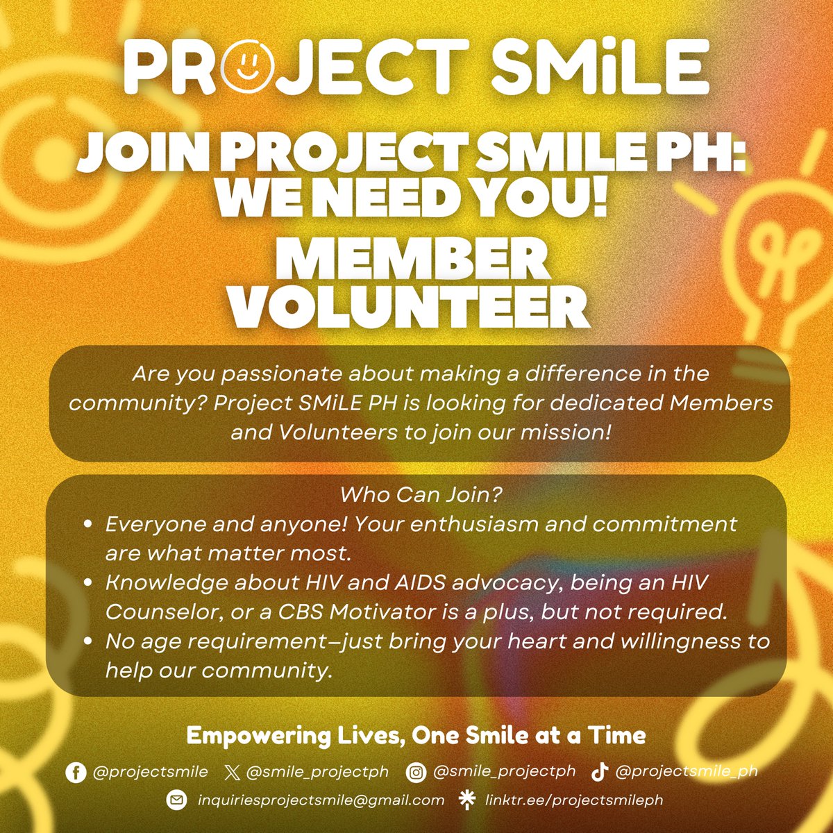 SMiLE_ProjectPH's tweet photo. Join Project SMiLE PH: We're Looking for Members and Volunteers!

Ready to join us? Click the link or scan the QR code to apply: https://t.co/k72di2fFof

Together, we can make a difference! #ProjectSMiLEPH #Volunteer #JoinUs #CommunitySupport #HIVAdvocacy #MakeADifference https://t.co/btyC3YlR6B