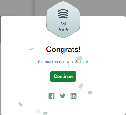 AkhileshGa64121's tweet image. Day 4  of #10DaysofSQL

👉 Learnt about aggregate functions in SQL
👉 Solved some questions on it in hacker rank
👉 Got 3 stars there