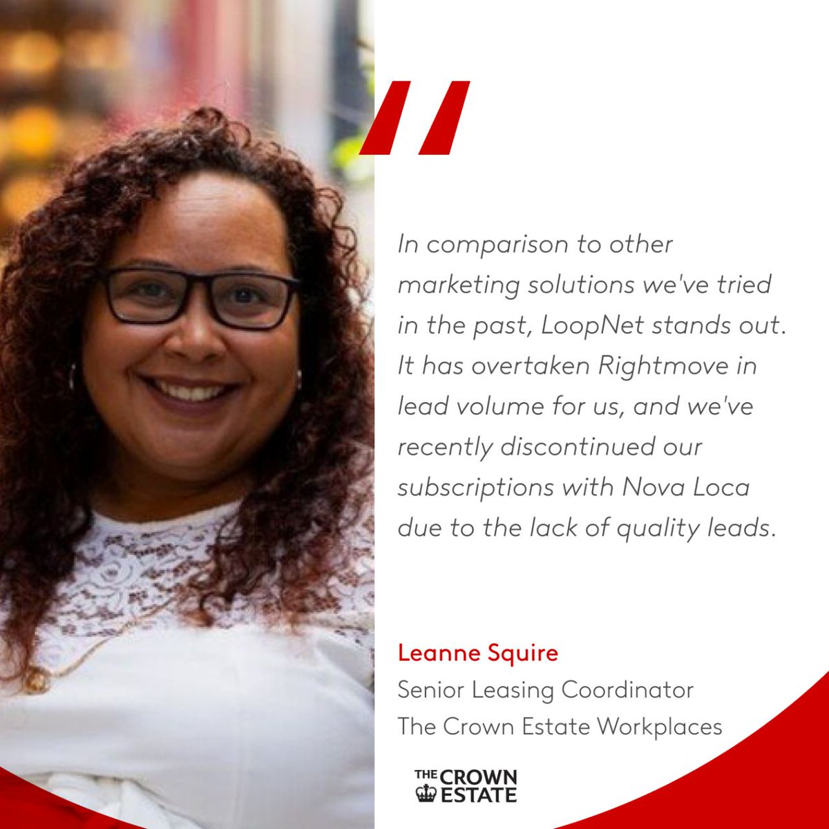 LoopNet_UK's tweet image. Leanne Squire, Senior Leasing Coordinator at The Crown Estate, recognises the value of LoopNet! 👑 

Join The Crown Estate Workplaces and other owners and agents reducing their time on market on LoopNet.

See how:
bit.ly/3WuRVqJ