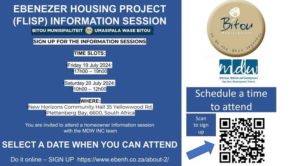 bitou_muni's tweet image. REMINDER | The Department of Infrastructure and Housing Western Cape , appointed MDW INC consulting attorneys to facilitate  FLISP (Finance linked individual subsidy program) to all aspiring FLISP applicants ( first time homeowners).
#BitouUpdates #BitouNews #FLISP #BitouHousing