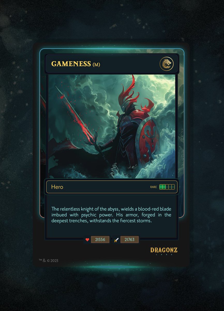 dragonzlandx's tweet photo. 🐉 Introducing our new Hero: Gameness! (@gamenessapp)🐉

The relentless knight of the abyss, Gameness wields a blood-red blade imbued with psychic power. His armor, forged in the deepest trenches, withstands the fiercest storms. 🌊⚔️

👉 Play Dragonz Land - https://t.co/e4g7xVEZ0l