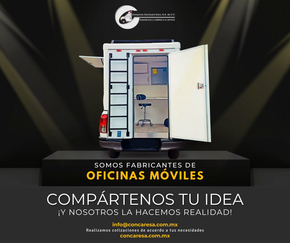 ConcaresaMx's tweet photo. ¡Somos FABRICANTES de unidades!
Déjanos un mensaje o dedícanos un correo para resolver cualquier duda que tengas.
#oficina #ejecutivo #UnidadMovil #Carrocería #concare https://t.co/bldliF4xxr