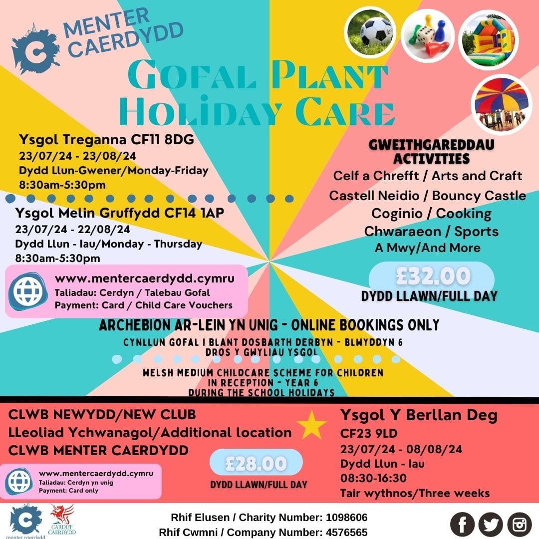 Dechrau Wythnos Nesaf!!!
Chwilio am ofal plant dros wyliau'r haf? 
🎨🎾🏈🖌🎮⚽️🧩🎲
Starting Next Week!!!
Looking for childcare over the Summer Holidays?
🎨🎾🏈🖌🎮⚽️🧩🎲
📲 Ar y wefan 
mentercaerdydd.cymru