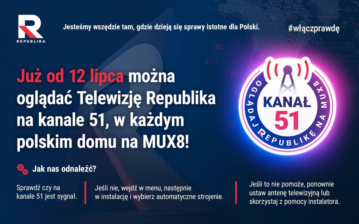 GPtygodnik's tweet photo. .@RepublikaTV już w każdym polskim domu na #MUX8 🇵🇱 Sprawdź jak nas odnaleźć📷
Czytaj » https://t.co/FwK1Ks84BE
#DomWolnegoSlowa #włączprawdę #TVRepublika https://t.co/HTBCcGfCw2