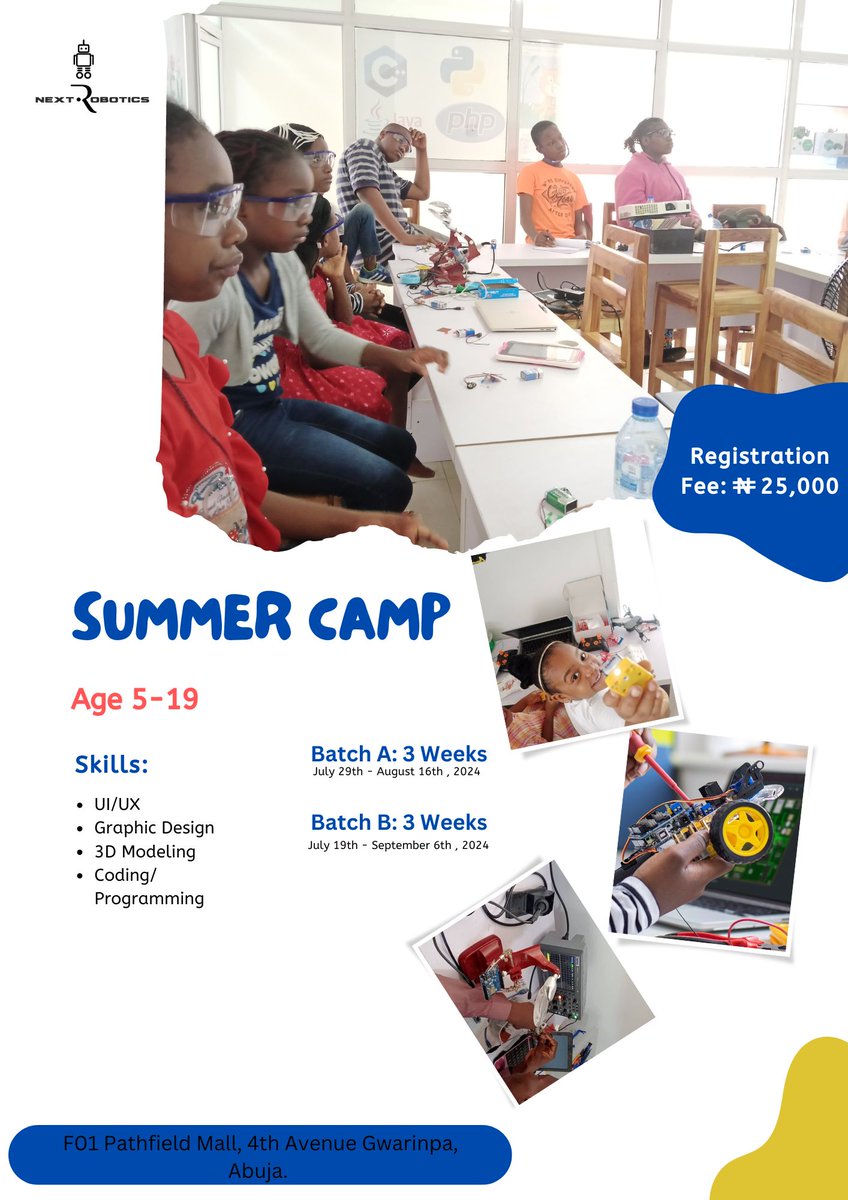 NextRobotics1's tweet image. Registration for Summer Tech Camp still on going @nextroboticsacademy 

Our Location:

F01 Pathfield Mall 4th Avenue Gwarinpa Abuja.
 whatsApp@ whatsapp.com/business/

 #nextroboticsacademy
 #CodingForKids 
#ABUJA 
#summer 
#ViralVideos