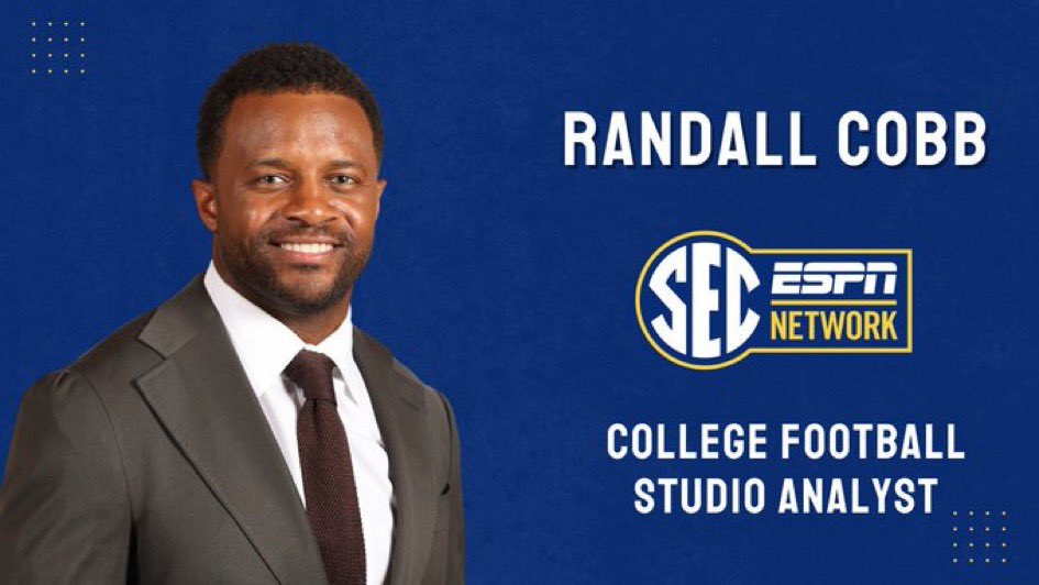 AdamSchefter's tweet photo. Former NFL Pro Bowl WR Randall Cobb, who played 13 NFL seasons, including 10 seasons with the Packers, is joining SEC Network as a college football studio analyst. Cobb will appear on select editions of SEC Now throughout the fall. https://t.co/hsl9dmy0oy