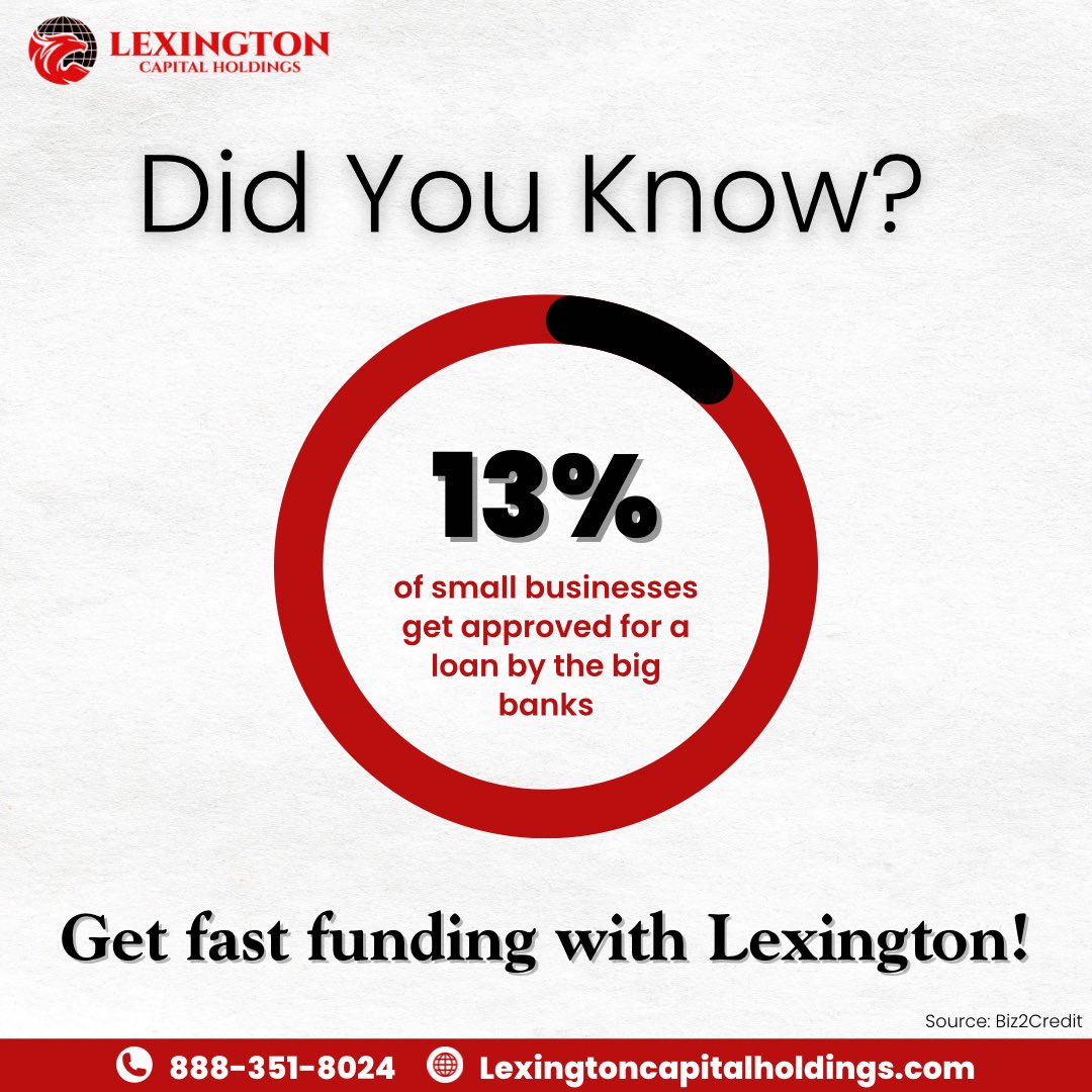 LexingtonCapitl's tweet photo. Only 13% of small businesses get approved by big banks for loans. But at Lexington Capital, we’re here to change that! 

Get access to financing you need, when you need it. From lines of credit to equipment financing and many more programs, we have something for every business owner. 

Let us help you secure the funding you need to help the business thrive! Contact us today and lex see what we can do for you! 

#loanapproval #lineofcredit #equipmentfinance #workingcapital #businessfunding #lexingtoncapitalholdings