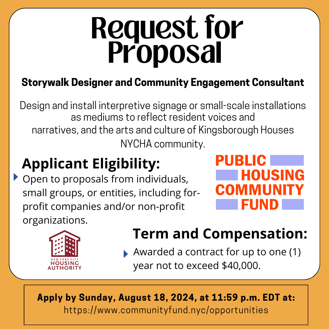 Exciting Opportunity! 🌟Seeking a Storywalk Designer &amp; Community Engagement Consultant for <a href="/NYCHA/">NYCHA</a> Kingsborough Houses!
📝 $40K, 1 year, Start: Sept 2024
📅 Key Dates:
Info Session: July 25, 6 PM EDT
Questions Due: Aug 2
RFP Deadline: Aug 18
More Info: communityfund.nyc/opportunities/…