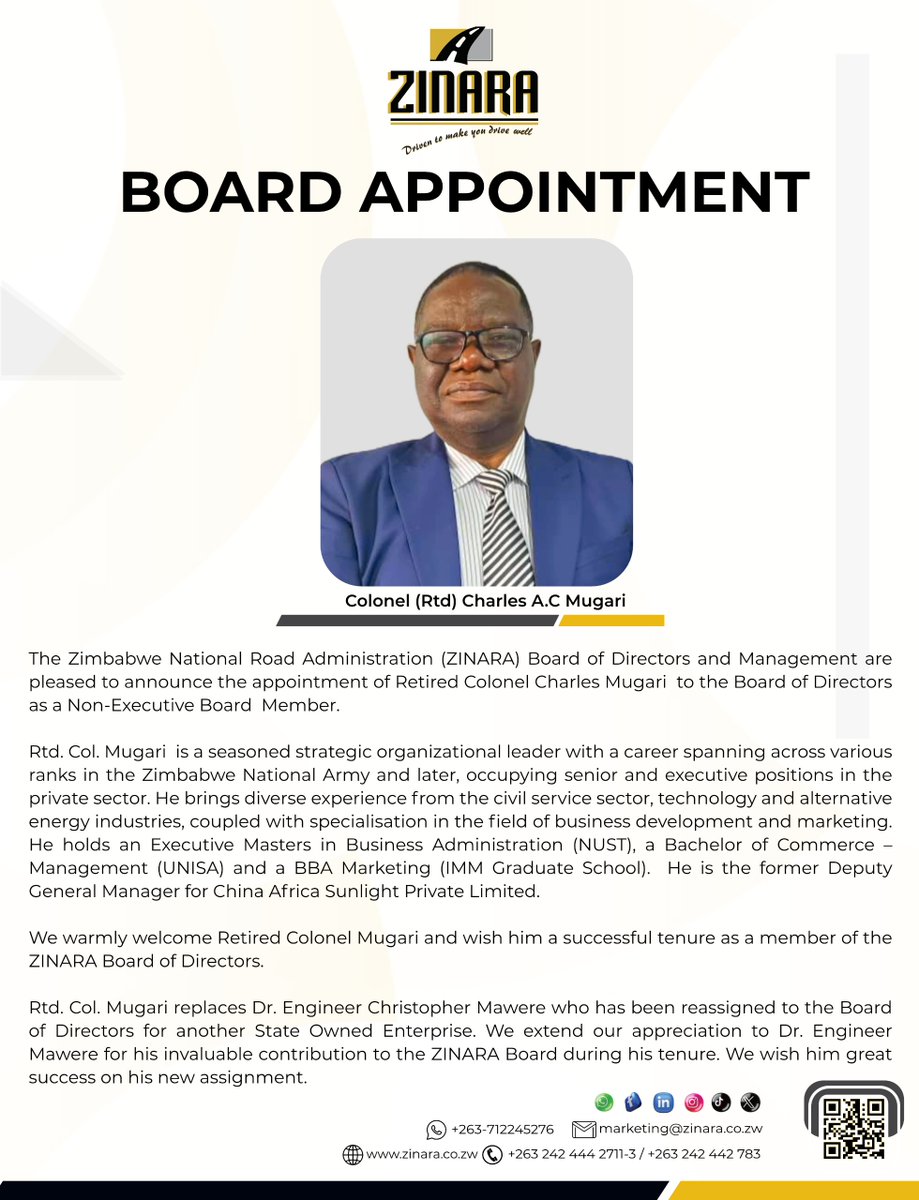 zinaraZW's tweet photo. We are pleased to announce the appointment of Colonel (Rtd) Charles A.C Mugari and Mr. Joseph Jambo to the ZINARA Board of Directors.
#TransformationalTeam
#PartnersForProgress https://t.co/6P0cGZ44DP