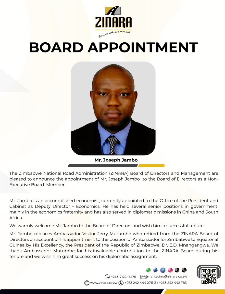 zinaraZW's tweet photo. We are pleased to announce the appointment of Colonel (Rtd) Charles A.C Mugari and Mr. Joseph Jambo to the ZINARA Board of Directors.
#TransformationalTeam
#PartnersForProgress https://t.co/6P0cGZ44DP