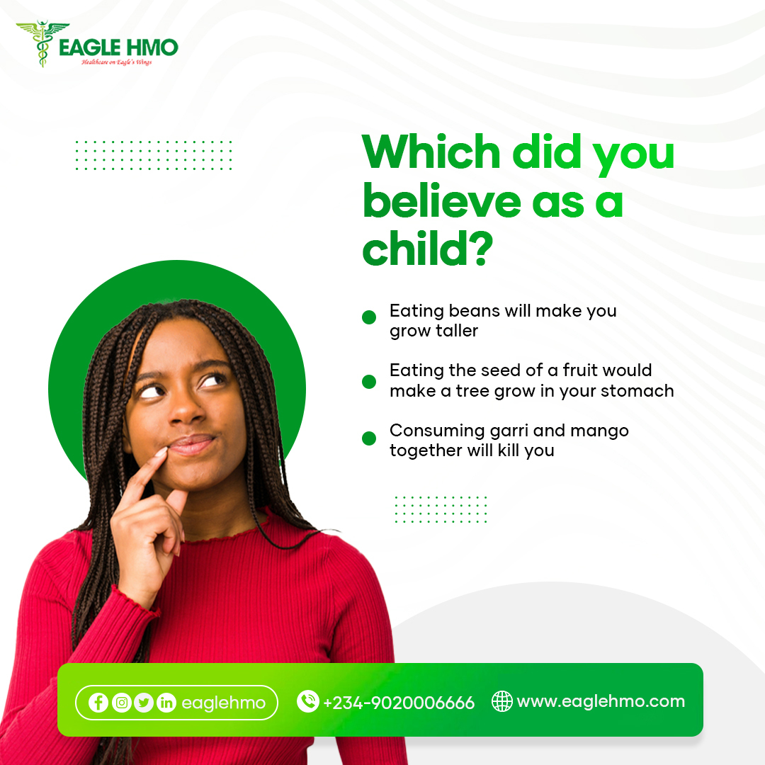 EagleHMO's tweet photo. Which did you believe as a child?

Eating beans will make you grow taller
Eating the seed of a fruit would make a tree grow in your stomach
Consuming garri and mango together will kill you

#EagleHMO #HMO #HealthisWealth #strike #HealthInsurance #insureyourhealth NYSC #Protest https://t.co/PfgsQVXS3X