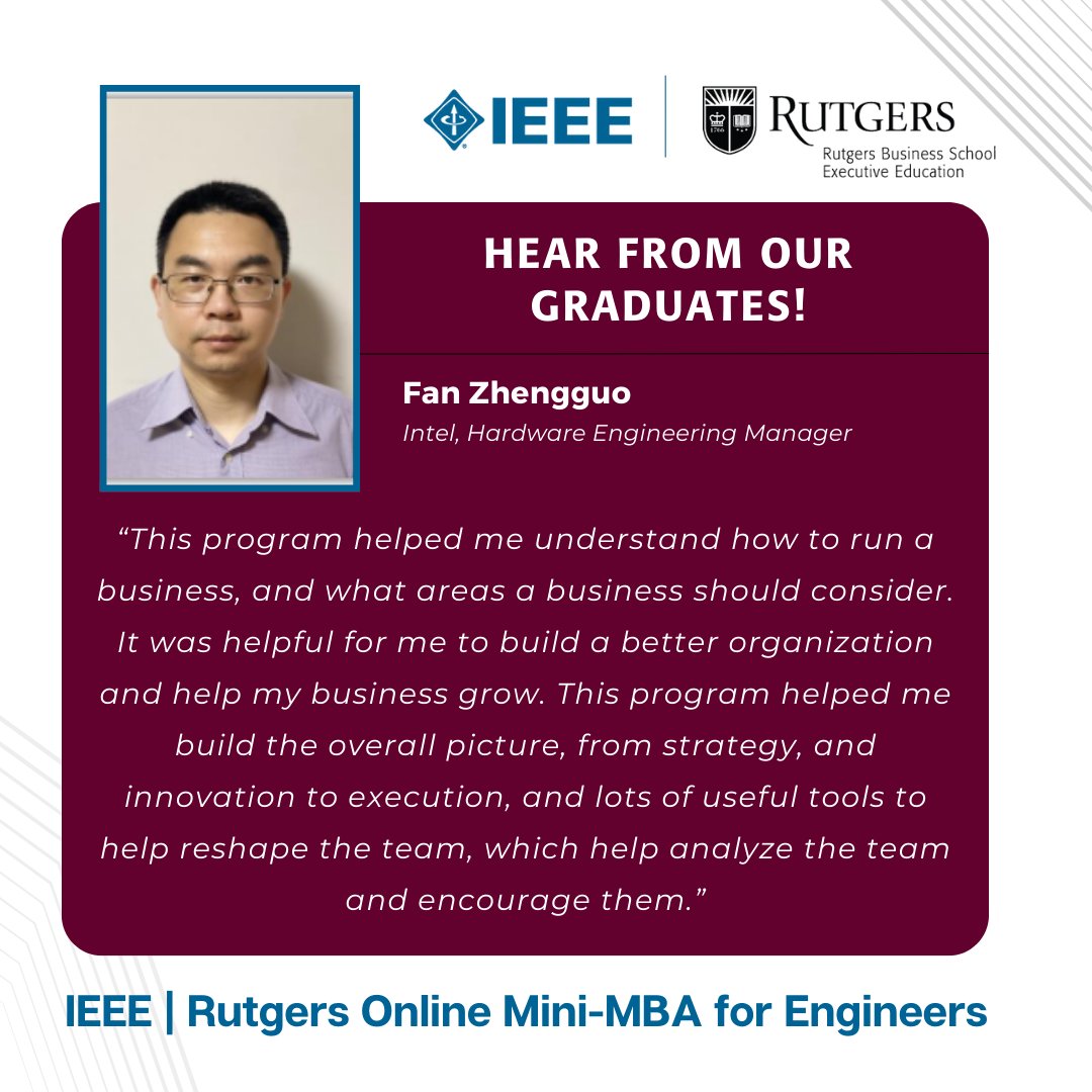IEEEeducation's tweet photo. Learn essential #businessskills from experts &amp; expand your professional network with the IEEE | Rutgers Online Mini-MBA for #Engineers &amp; #TechnologyProfessionals. Register now for the September open session! Special 10% discount for IEEE members. https://t.co/38D55AAnJ1 https://t.co/pCMJ2ItBHY