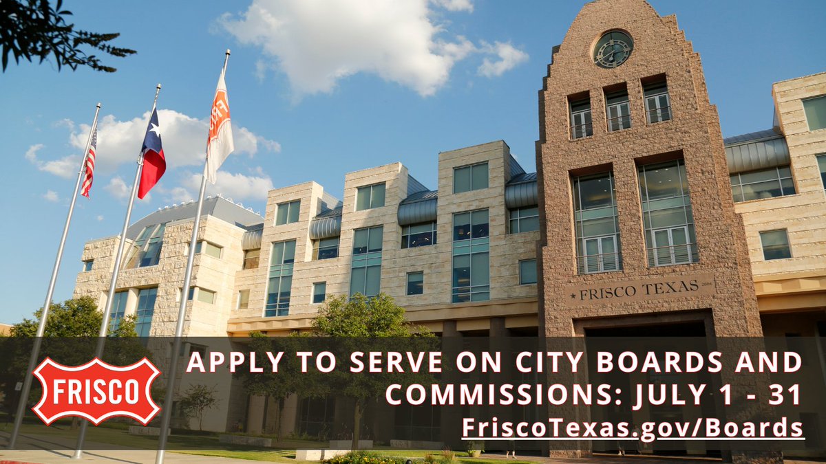 Are you looking to #GetInvolved with your city? There is still time to apply to serve on city boards and commissions!
✅ You must have lived in Frisco at least one-year and be a qualified registered voter.
➡️ Visit friscotexas.gov/593/Boards-Com… for more info and to apply by July 31.