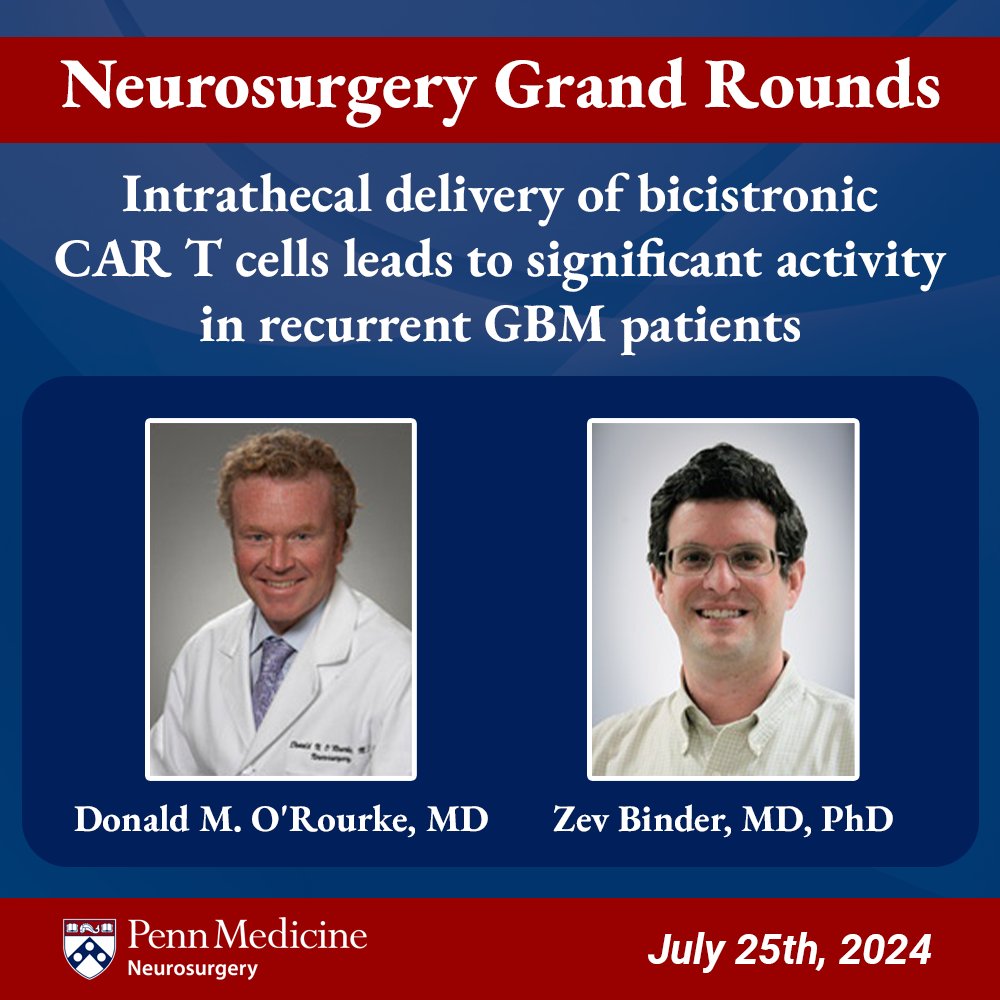 We're excited to have our own <a href="/DrORourke2/">DrORourke</a> and Zev Binder, MD, PhD presenting at next week's #Neurosurgery Grand Rounds!