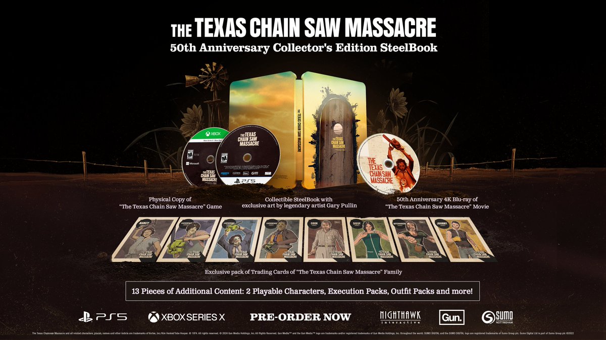 We are excited to announce The Texas Chain Saw Massacre 50th Anniversary SteelBook Collectors Edition!

✅Exclusive SteelBook designed by Gary Pullin
✅Physical Copy of #TXChainSawGame
✅50th Anniversary 4K Blu-Ray of the 1974 film
✅Exclusive Trading Cards
✅2 Playable