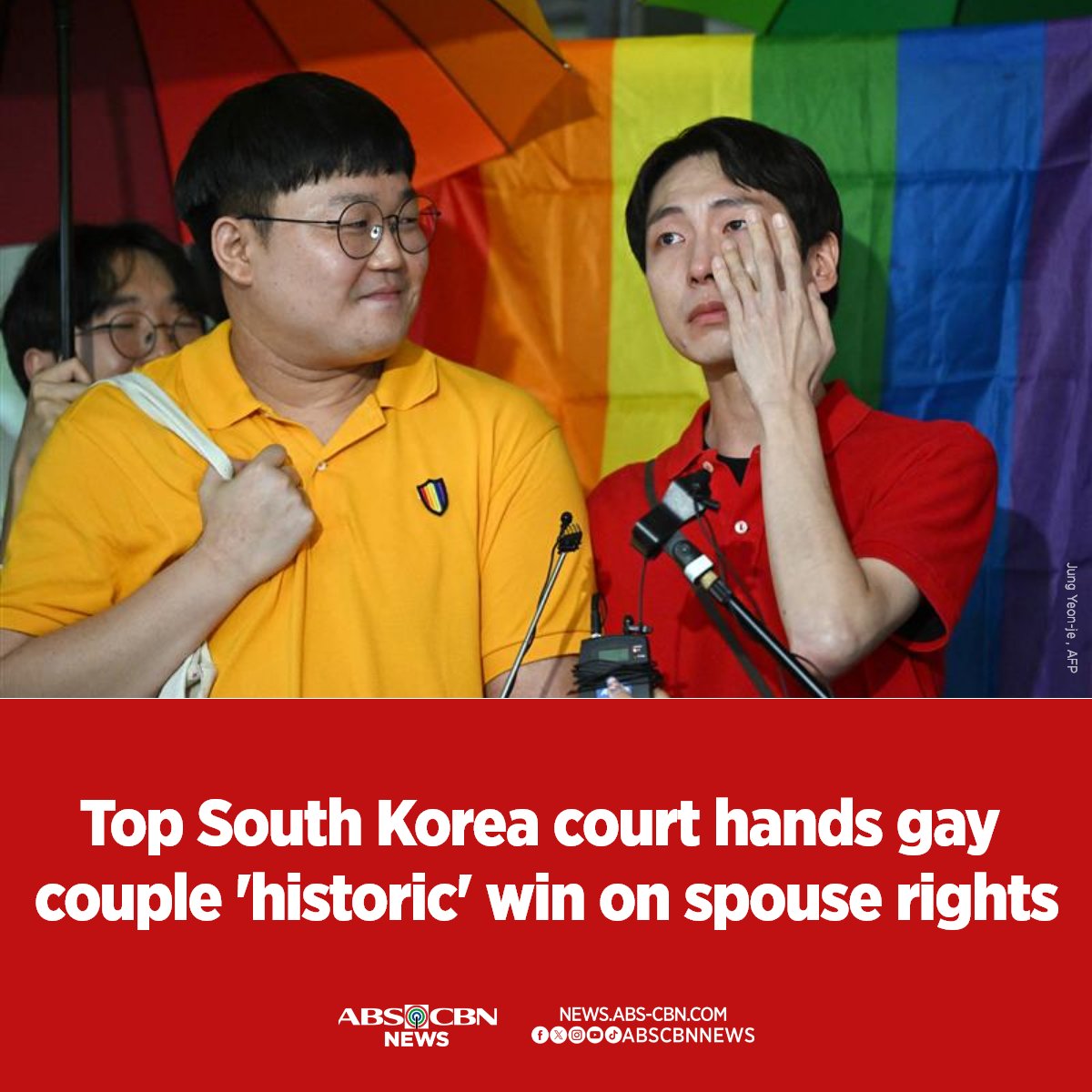 ABSCBNNews's tweet photo. Common-law spouses of the same sex in South Korea can now register as dependents of their partners' state health insurance. This, after Seoul's Supreme Court ruled that "National Health Insurance should recognize spousal insurance coverage for same-sex couples."

READ: https://t.co/BzCLd0biV1